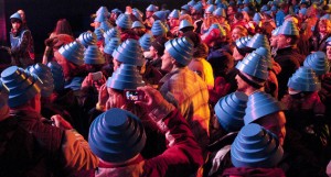Devotees with blue Devo hats